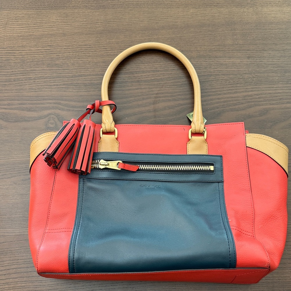 Coach Red, Navy & Tan Leather Satchel with Tassel Accents